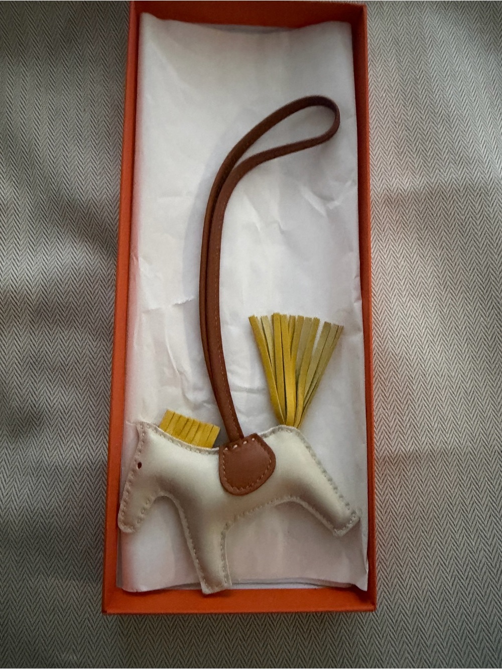 Hermes Cream Leather Horse Bag Charm with Yellow Tassel